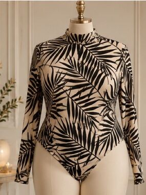 Black Palm Leaf Print Asymmetric Top - Beige & Black